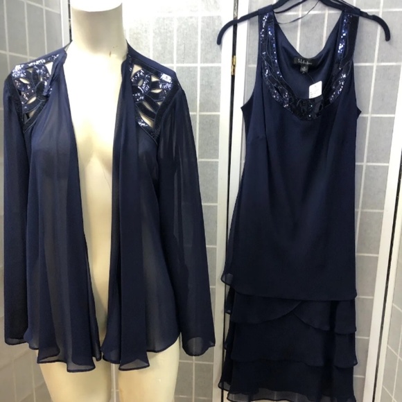 S.L Fashions, Women, cocktail dress, dark blue, size 12, 2 pieces, Elegant!. - Picture 4 of 12
